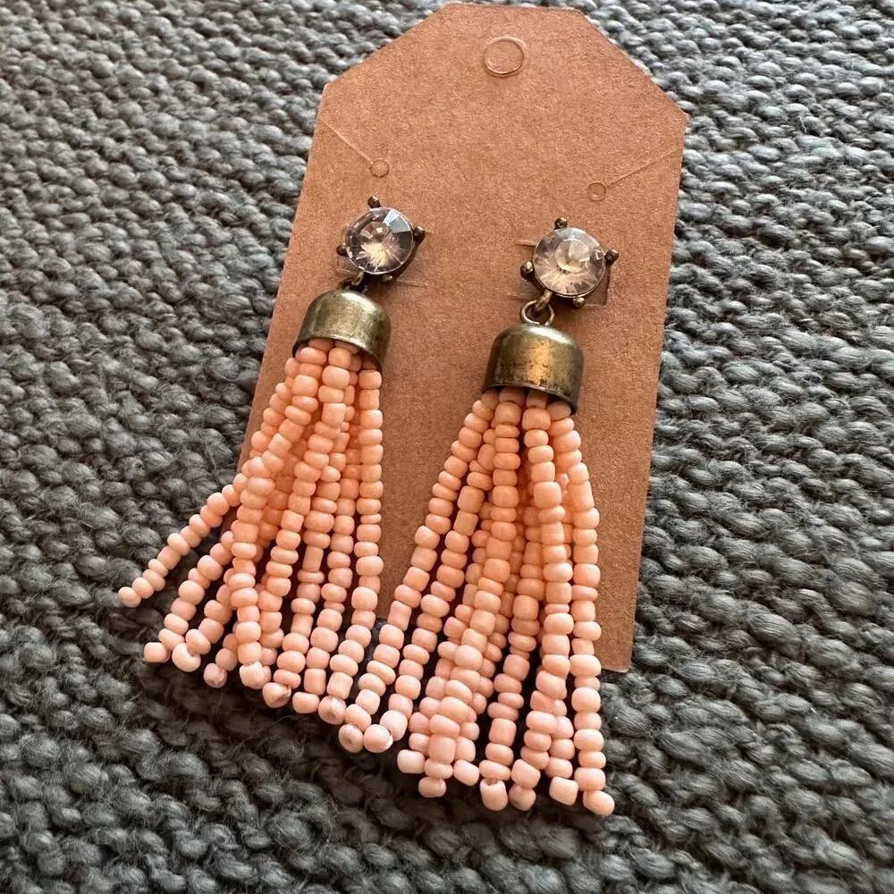 Light Pink and Diamond on Bronze Finish Tassel Dangle Earrings